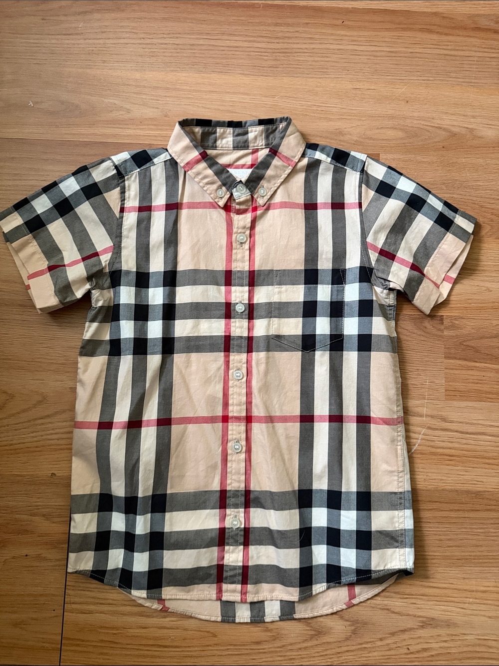 Burberry Beige, Black & Red Plaid Short-Sleeve Button-Down Shirt